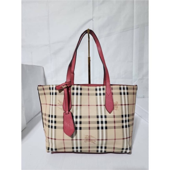 Authentic BURBERRY Haymarket Check Small Reversible Tote Bag Beige/Pink - Picture 1 of 13